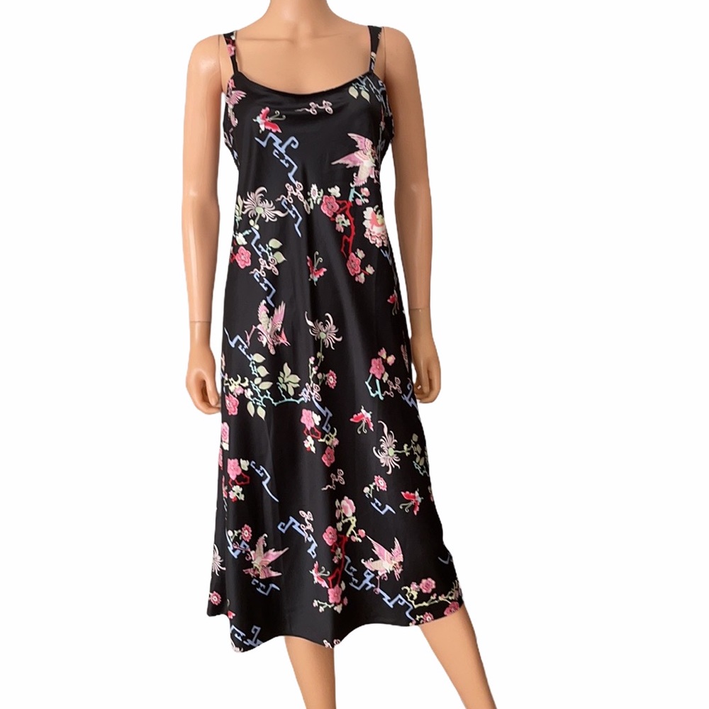 NWOT Natori Cruz Black Floral Satin Midi Slip Dress Size S